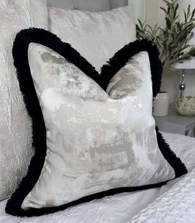 Luxury Tessere Champagne Feather Cushion / Cover, Contrasting Luxury Rushe Brush Black Fringe