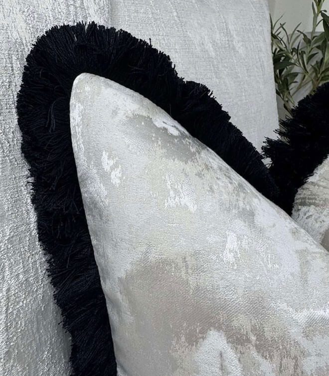 Luxury Tessere Champagne Feather Cushion / Cover, Contrasting Luxury Rushe Brush Black Fringe