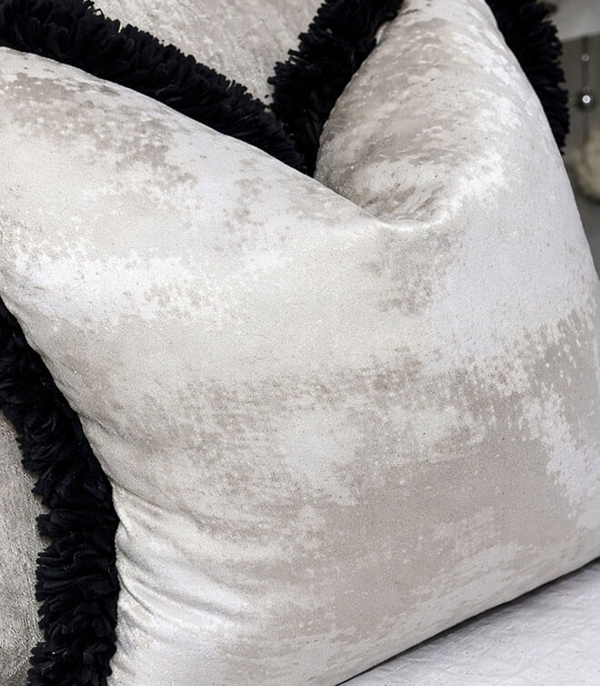 Luxury Tessere Champagne Feather Cushion / Cover, Contrasting Luxury Rushe Brush Black Fringe