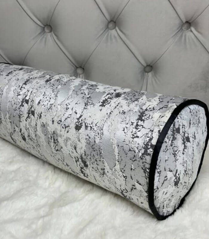 MELLOW MARBLE FEATHER BOLSTER CUSHION 16″X 6″ / CONTRASTING BLACK PIPING