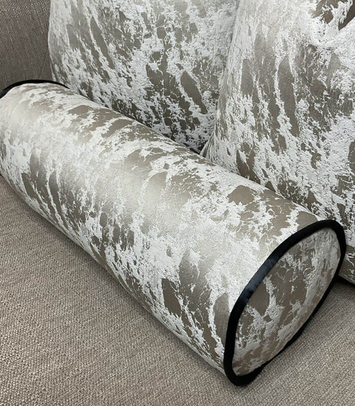 MINK AND TAUPE DUCK FEATHER CUSHION BOLSTER 16″ X 6″ WITH CONTRASTING BLACK PIPING