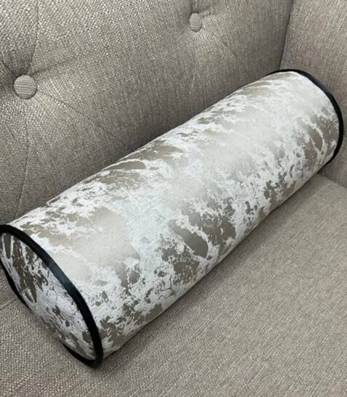 MINK AND TAUPE DUCK FEATHER CUSHION BOLSTER 16″ X 6″ WITH CONTRASTING BLACK PIPING