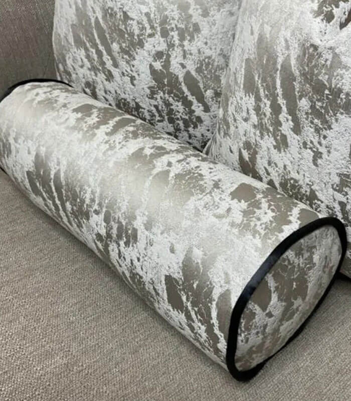 MINK AND TAUPE DUCK FEATHER CUSHION BOLSTER 16″ X 6″ WITH CONTRASTING BLACK PIPING