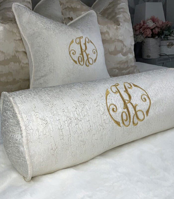 PERSONALISED EMBROIDERED BOLSTER CUSHION 16″ X 6″ IVORY