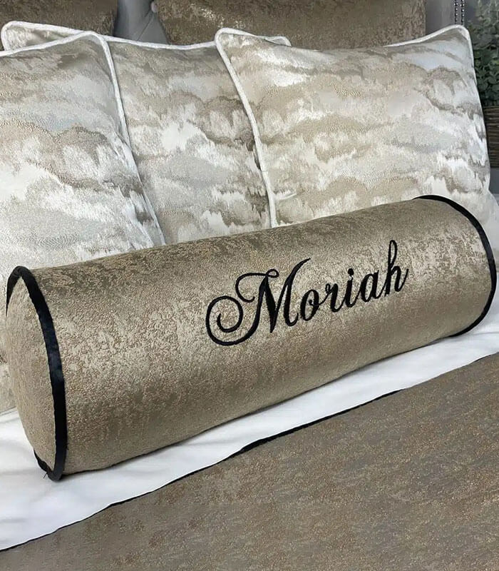 PERSONALISED EMBROIDERED NAME LUXURY BOLSTER CUSHION – BLACK – GOLD