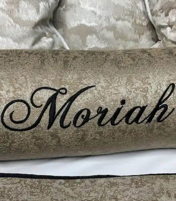 PERSONALISED EMBROIDERED NAME LUXURY BOLSTER CUSHION – BLACK – GOLD