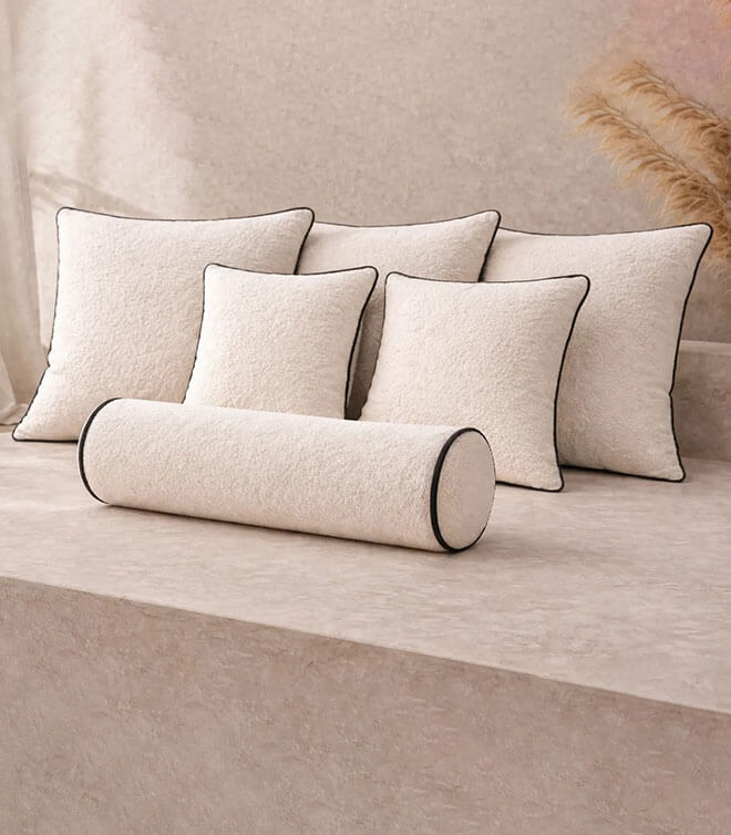 White Boucle Cushion Sets With Contrast Piping Colour Options